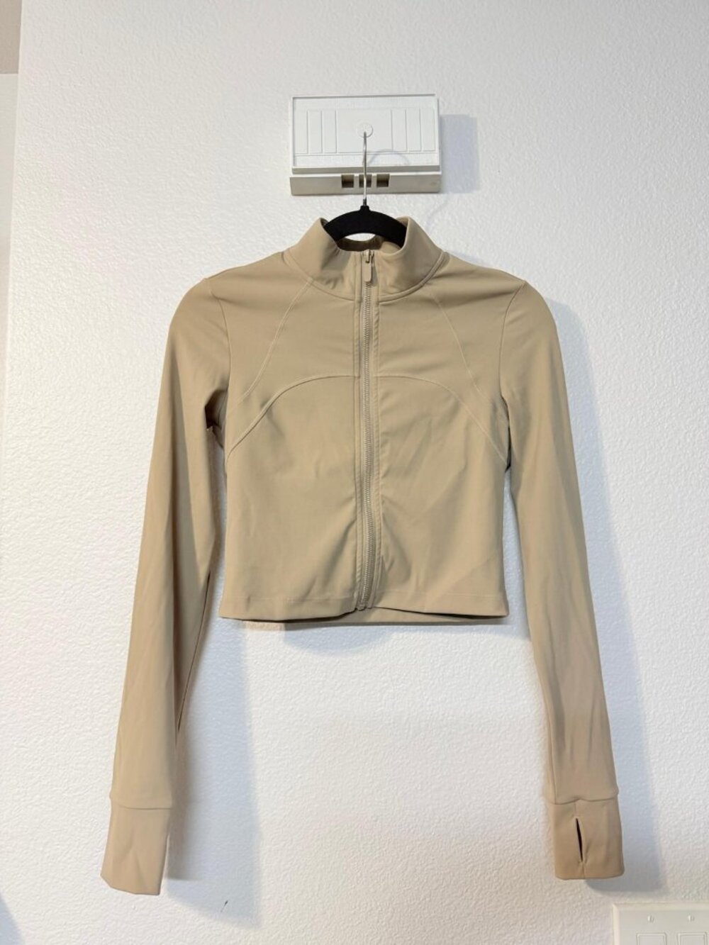 Nude Beige Cropped Zip-Up Athletic Jacket | Long Sleeve Activewear (Like New)